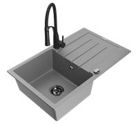 Mexen Bruno fregadero de granito de 1 cubeta con escurridor y grifo de cocina Aster, gris - 6513-71-73450-70-B 19229 5905315046888