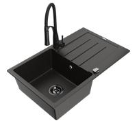 Mexen Bruno fregadero de granito de 1 cubeta con escurridor y grifo de cocina Aster, negro/dorado metálico - 6513-75-73450-70-B 19239 5905315047007