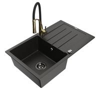 Mexen Bruno fregadero de granito de 1 cubeta con escurridor y grifo de cocina Aster, negro/dorado metálico - 6513-75-73450-57-B 19238 5905315046994