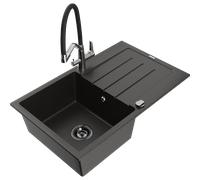 Mexen Bruno fregadero de granito de 1 cubeta con escurridor y grifo de cocina Duo, negro/dorado metálico - 6513-75-671701-07-B 22868 5905315102102