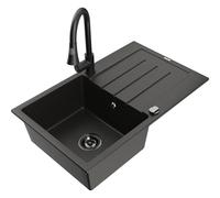 Mexen Bruno fregadero de granito de 1 cubeta con escurridor y grifo de cocina Elia, negro/dorado metálico - 6513-75-670101-70-B 19931 5905315030535