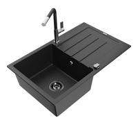 Mexen Bruno fregadero de granito de 1 cubeta con escurridor y grifo de cocina Flora, negro/plateado metálico 20936 5905315061195