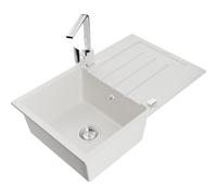 Mexen Bruno fregadero de granito de 1 cubeta con escurridor y grifo de cocina Rita, blanco - 6513-20-670300-00 17550 5905315020093