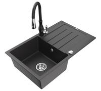 Mexen Bruno fregadero de granito de 1 cubeta con escurridor y grifo de cocina Savita, negro moteado - 6513-76-672601-70 17752 5905315035684