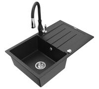 Mexen Bruno fregadero de granito de 1 cubeta con escurridor y grifo de cocina Savita, negro/plata metálica - 6513-73-672601-70 17745 5905315035615