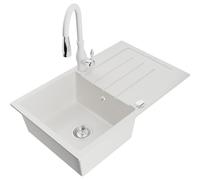 Mexen Bruno fregadero de granito de 1 seno con escurridor y grifo de cocina Savita, blanco - 6513-20-672601-20 17729 5905315035455