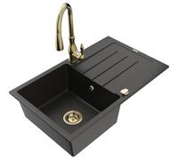 Mexen Bruno fregadero de granito de 1 seno con escurridor y grifo de cocina Savita, negro/dorado metálico - 6513-75-672601-50 17746 5905315035622