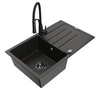Mexen Bruno fregadero de granito de 1 tazón con escurridor y grifo de cocina Aster, negro/metálico dorado - 6513-75-73450-70-B 19239 5905315047007