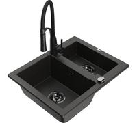 Mexen Carlos fregadero de granito 1,5 cubetas con grifo de cocina Aster, negro/oro metálico - 6518-75-73450-70-B 19425 5905315049100