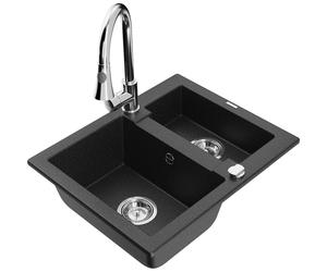 Mexen Carlos fregadero de granito de 1,5 con batería de cocina Elia, negro/plata metálica - 6518-73-670101-00 20169 5905315032065