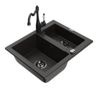 Mexen Carlos fregadero de granito de 1,5 cubetas con grifo de cocina Carla, negro/dorado metálico - 6518-75-670700-70-B 18825 5905315042408