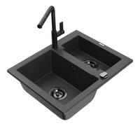 Mexen Carlos fregadero de granito de 1,5 cubetas con grifo de cocina Flora, negro moteado - 6518-76-670401-70-B 21229 5905315063861
