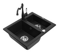 Mexen Carlos fregadero de granito de 1,5 cuencas con grifo de cocina Carla, negro - 6518-77-670700-70 18841 5905315042491