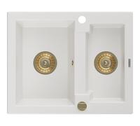 Mexen Carlos fregadero de granito de 1,5 senos 582 x 475 mm, blanco, sifón dorado - 6518581500-20-G 16247 5905315012463
