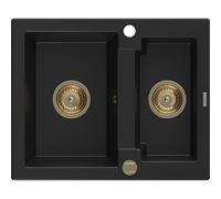 Mexen Carlos fregadero de granito de 1,5 senos 582 x 475 mm, negro, sifón dorado - 6518581500-77-G 16263 5905315012524