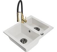 Mexen Carlos fregadero de granito de 1,5 senos con grifo de cocina Aster, blanco - 6518-20-73450-57-B 19404 5905315048851