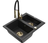 Mexen Carlos fregadero de granito de 1,5 senos con grifo de cocina Aster, negro/plateado metálico - 6518-73-73450-57-G 19418 5905315049025