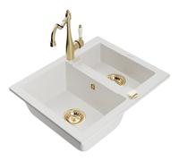 Mexen Carlos fregadero de granito de 1,5 senos con grifo de cocina Carla, blanco - 6518-20-670700-50 18790 5905315042217