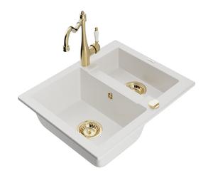 Mexen Carlos fregadero de granito de 1,5 senos con grifo de cocina Carla, blanco - 6518-20-670700-50 18790 5905315042217