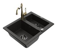 Mexen Carlos fregadero de granito de 1,5 senos con grifo de cocina Carla, negro/oro metálico - 6518-75-670700-50-B 18821 5905315042385