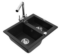 Mexen Carlos fregadero de granito de 1,5 senos con grifo de cocina Duero, negro - 6518-77-671600-00 19571 5905315027085