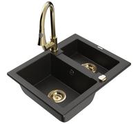 Mexen Carlos fregadero de granito de 1,5 senos con grifo de cocina Elia, negro/dorado metálico - 6518-75-670101-50 20174 5905315032119