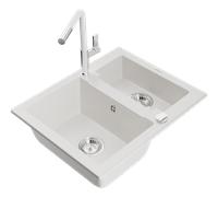Mexen Carlos fregadero de granito de 1,5 senos con grifo de cocina Flora, blanco - 6518-20-670401-02 21163 5905315063465
