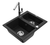 Mexen Carlos fregadero de granito de 1,5 senos con grifo de cocina Flora, negro - 6518-77-670401-00 21232 5905315063892
