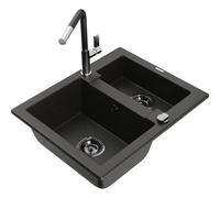 Mexen Carlos fregadero de granito de 1,5 senos con grifo de cocina Flora, negro/dorado metálico - 6518-75-670401-07-B 21217 5905315063755
