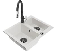 Mexen Carlos fregadero de granito de 1,5 senos con grifo de cocina Savita, blanco - 6518-20-672601-70 18270 5905315037077