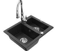 Mexen Carlos fregadero de granito de 1,5 senos con grifo de cocina Savita, negro/plateado metálico - 6518-73-672601-00 18291 5905315037176