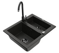 Mexen Carlos fregadero de granito de 1,5 senos con grifo de cocina Telma, negro/oro metálico - 6518-75-670200-70-B 18883 5905315016782