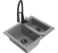 Mexen Carlos fregadero de granito de 1,5 tazones con grifo de cocina Aster, gris - 6518-71-73450-70-B 19415 5905315048981
