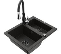 Mexen Carlos fregadero de granito de 1,5 tazones con grifo de cocina Savita, negro/dorado metálico - 6518-75-672601-70-B 18309 5905315037251