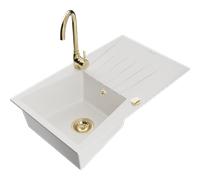 Mexen Cesar fregadero de granito 1-cubeta con escurridor y grifo de cocina Telma, blanco - 6514-20-670200-50 6314 5907709160781