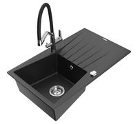 Mexen Cesar fregadero de granito 1 cuenca con escurridor y grifo de cocina Duo, negro/plateado metálico - 6514-73-671701-07 22898 5905315102409