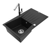 Mexen Cesar fregadero de granito de 1 cámara con escurridor y grifo de cocina Flora, negro - 6514-77-670401-00 21006 5905315061898