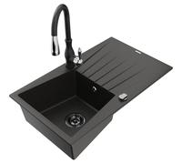 Mexen Cesar fregadero de granito de 1 compartimento con escurridor y grifo de cocina Savita, negro/dorado metálico 17823 5905315035967