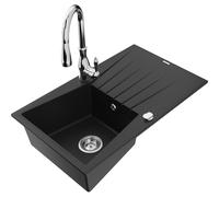 Mexen Cesar fregadero de granito de 1 compartimiento con escurridor y grifo de cocina Savita, negro - 6514-77-672601-00 17845 5905315036032