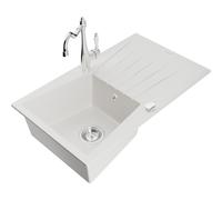 Mexen Cesar fregadero de granito de 1 cubeta con escurridor y grifo de cocina Carla, blanco - 6514-20-670700-00 18402 5905315040909