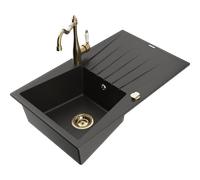 Mexen Cesar fregadero de granito de 1 cubeta con escurridor y grifo de cocina Carla, negro/dorado metálico - 6514-75-670700-50 18449 5905315041081