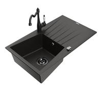Mexen Cesar fregadero de granito de 1 cubeta con escurridor y grifo de cocina Carla, negro/oro metálico - 6514-75-670700-70-B 18452 5905315041104