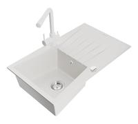 Mexen Cesar fregadero de granito de 1 cubeta con escurridor y grifo de cocina Duero, blanco - 6514-20-671600-20 18461 5905315025548