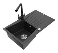 Mexen Cesar fregadero de granito de 1 cubeta con escurridor y grifo de cocina Duero, negro/metálico plateado 18508 5905315025692