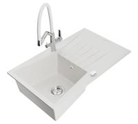 Mexen Cesar fregadero de granito de 1 cubeta con escurridor y grifo de cocina Duo, blanco - 6514-20-671701-02 22882 5905315102249
