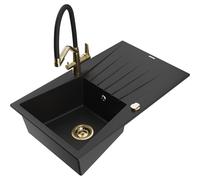 Mexen Cesar fregadero de granito de 1 cubeta con escurridor y grifo de cocina Duo, negro - 6514-77-671701-57-G 22915 5905315102577