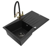 Mexen Cesar fregadero de granito de 1 cubeta con escurridor y grifo de cocina Duo, negro - 6514-77-671701-57-B 22916 5905315102584