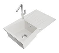 Mexen Cesar fregadero de granito de 1 cubeta con escurridor y grifo de cocina Flora, blanco - 6514-20-670401-00 20962 5905315061454