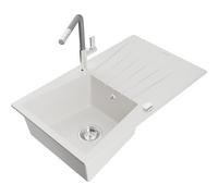 Mexen Cesar fregadero de granito de 1 cubeta con escurridor y grifo de cocina Flora, blanco - 6514-20-670401-06 20964 5905315061478