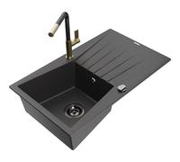 Mexen Cesar fregadero de granito de 1 cubeta con escurridor y grifo de cocina Flora, negro moteado - 6514-76-670401-75-B 21005 5905315061881